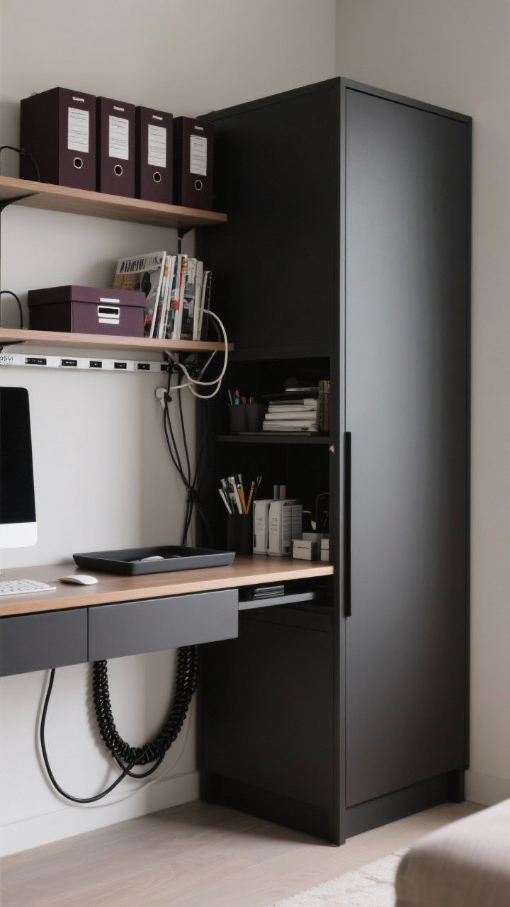 Straight-on medium shot of clever, disappearing storage: a compact closed cabinet/sideboard in a dark finish hides supplies, open shelves above styled with matching magazine files and labeled boxes in deep tones; immaculate cable management with adhesive raceways and an under-desk tray, braided black cords neatly routed; overall calm, minimal clutter.