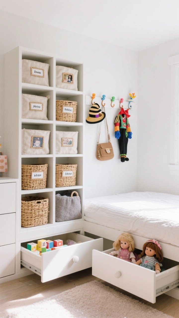 Straight-on medium shot of cute, functional storage: white cubby shelves with labeled fabric bins using picture labels, natural woven baskets and soft felt baskets mixed in, underbed drawers partially pulled out with dolls and blocks visible, a low peg rail with kid-height hooks holding dress-up costumes, hats, and a small bag; balanced combination of closed and open storage; bright, even daylight