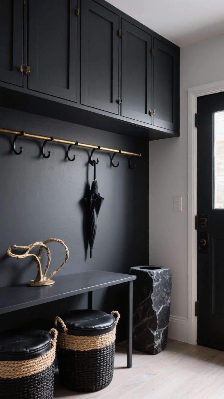 Straight-on medium shot of hidden-in-plain-sight storage solutions in a moody entry: a run of slim wall cabinets painted to match the deep charcoal walls, black metal hooks and a patinated brass rail looking sculptural, black seagrass and leather lidded baskets under the console, and a matte black stone umbrella stand by the door. Everything blends into the palette; clean and intentional.