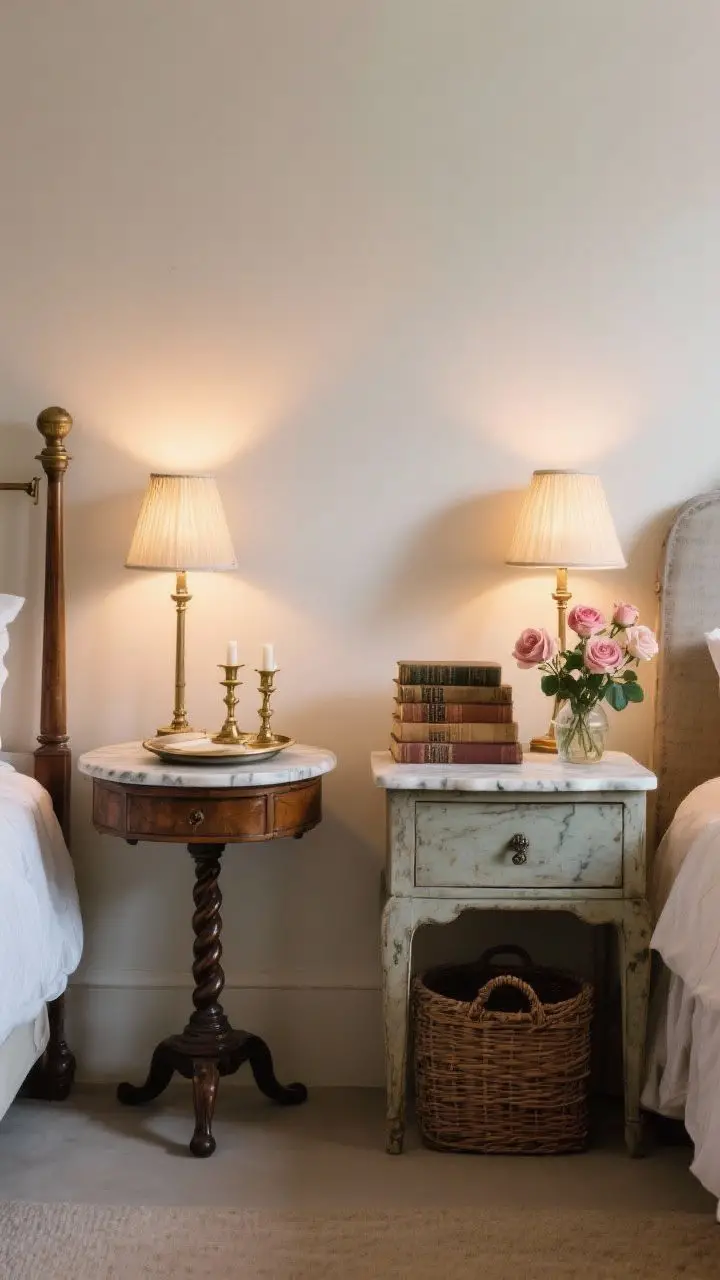 Straight-on medium shot of mismatched vintage nightstands flanking a bed: one petite antique writing desk on the left, a turned-leg table on the right, both at similar height for balance. Top with character—marble tray holding brass candlesticks, a stack of old books, and a small vase of garden roses. Add a drawer or woven basket beneath one for storage. Matching lamps to tie together, warm lamp glow at dusk; no people.