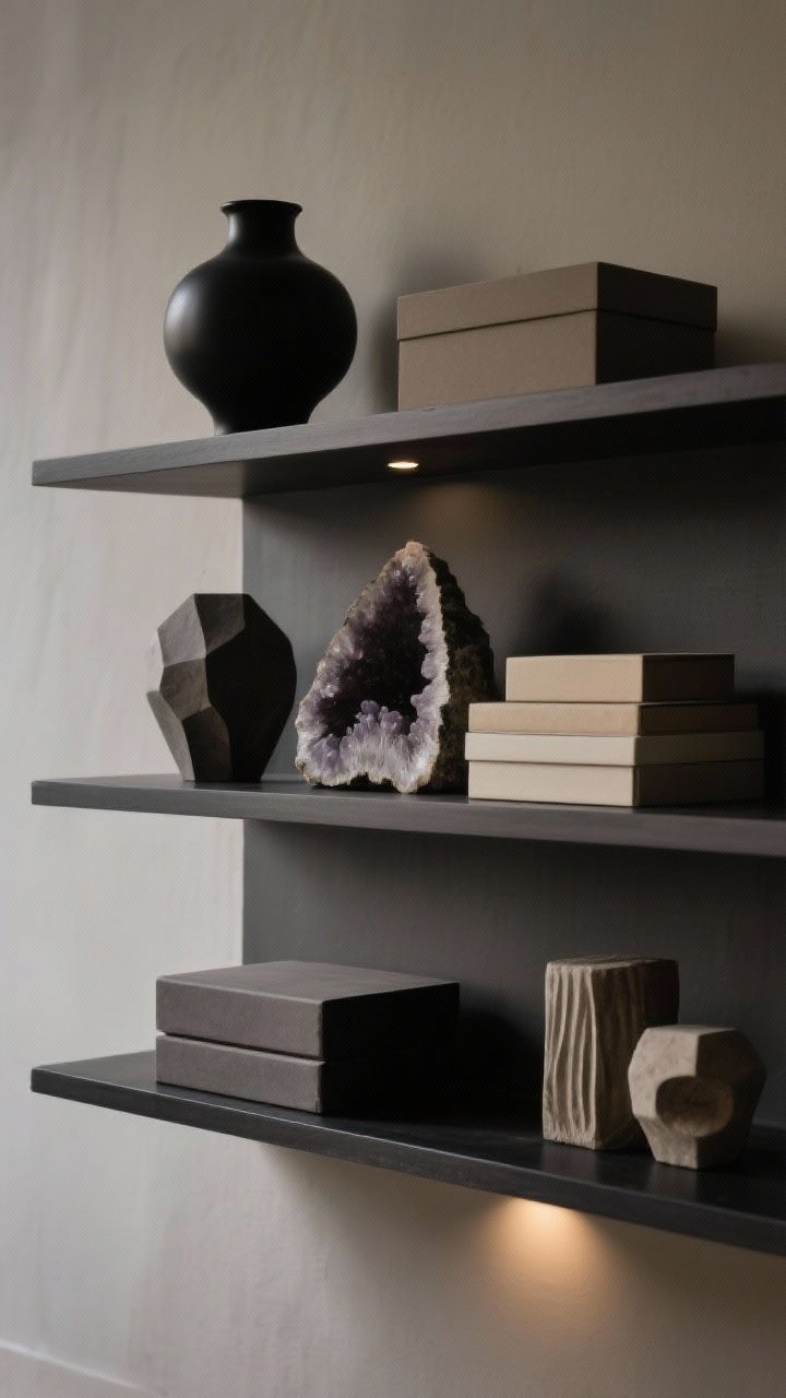 Straight-on medium shot of moody minimalist shelf styling: shelves color-blocked by tone with neutrals and darks grouped, larger sculptural objects like a matte black vase, a geode, and stacked boxes; intentional negative space between groupings; the back panel painted to match the wall color and a tiny LED puck light under a shelf for subtle drama.