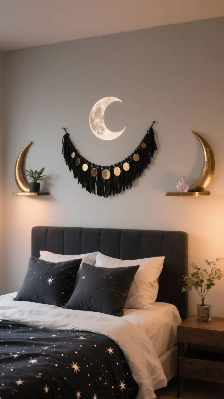 Straight-on medium shot of moon magic decor above a bed: a moon phase garland in matte black draped over the headboard, brass metal wall art crescents on either side, a crescent-shaped shelf holding a small plant and crystal, and bedding with subtle constellation/star patterns paired with solid pillows; soft, warm evening lighting to enhance celestial vibe, no people, photorealistic.