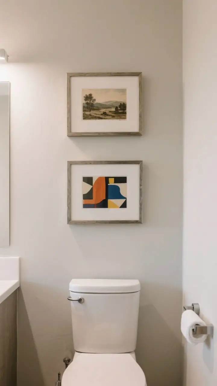 Straight-on medium shot of the wall above the toilet featuring two small, vertically stacked framed artworks: a vintage landscape on top and a bold abstract below; moisture-safe metal frames with anti-glare glass; neutral walls, simple white tank, and a nearby towel bar; soft diffused lighting for gallery feel.