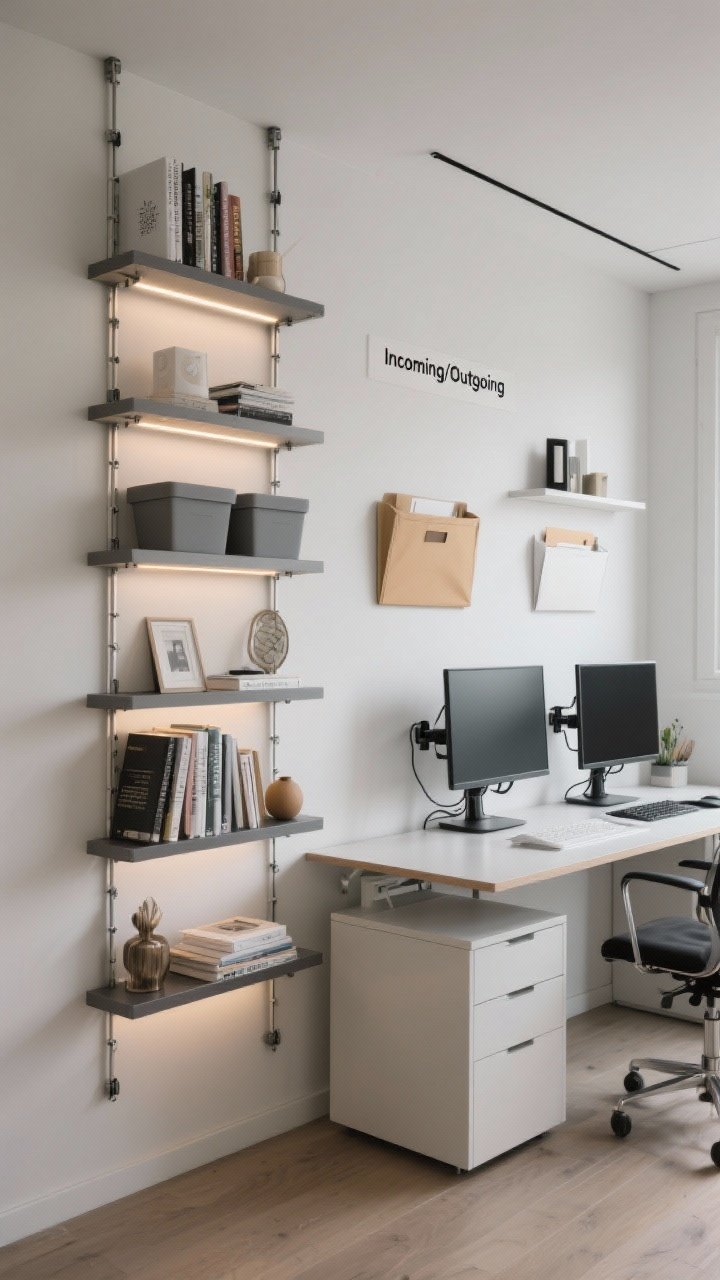 Straight-on medium shot: Vertical storage—sleek wall-mounted track system with adjustable shelves holding books, bins, and decor; floating shelves with integrated LED strips casting a gentle glow; wall-mounted file pockets labeled “Incoming/Outgoing” preventing clutter; dual monitors on adjustable wall mounts to free desk space; everyday items on lower shelves, display pieces higher.