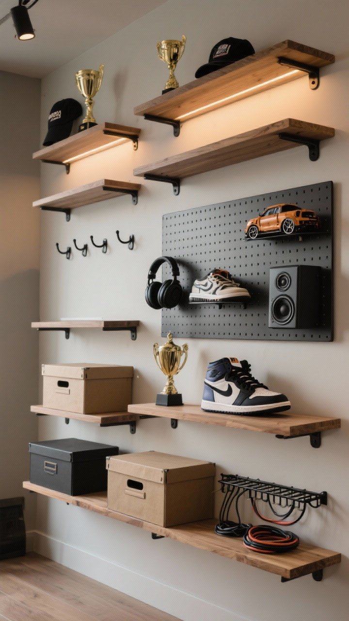 Straight-on medium shot: Wall organization featuring staggered floating shelves, a pegboard, and a grid panel. Sneakers, trophies, headphones, and a model car displayed like art. Mix of closed storage boxes and open shelves, one shelf intentionally left empty. Hooks for caps, small speaker shelf, and a rack for cables. Warm ambient light, matte black hardware with wood shelves.