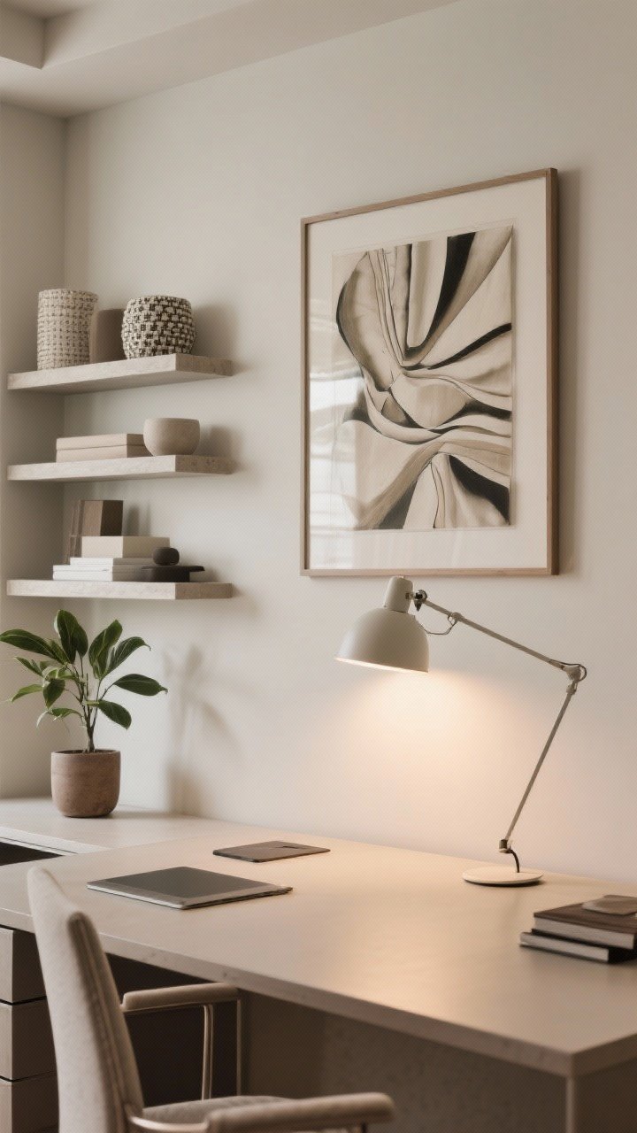 Straight-on medium shot: Zoom-worthy backdrop—a neutral wall with one standout statement piece of art, a styled shelf with simple solids and texture (no wild patterns), a mid-ground plant adding depth, and a background lamp for dimension; a softbox desk lamp aimed at the wall in front of the desk for flattering bounce light; tidy, professional composition.