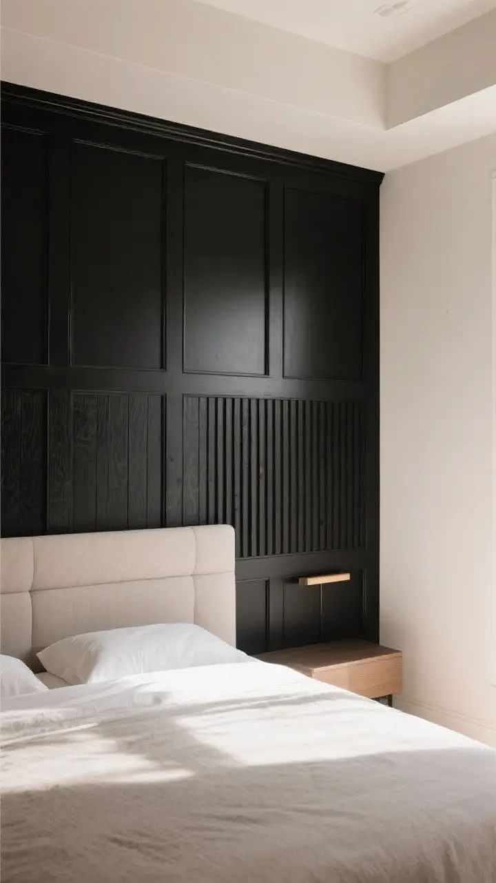 Straight-on medium-wide: A statement headboard wall finished in matte black board-and-batten for architectural depth behind a simple upholstered bed; adjacent walls in warm white to balance the mood; optional inset panels of near-black slatted wood for texture; lighting is soft and indirect to accentuate shadows and relief; no decals, just clean lines and dramatic contrast.