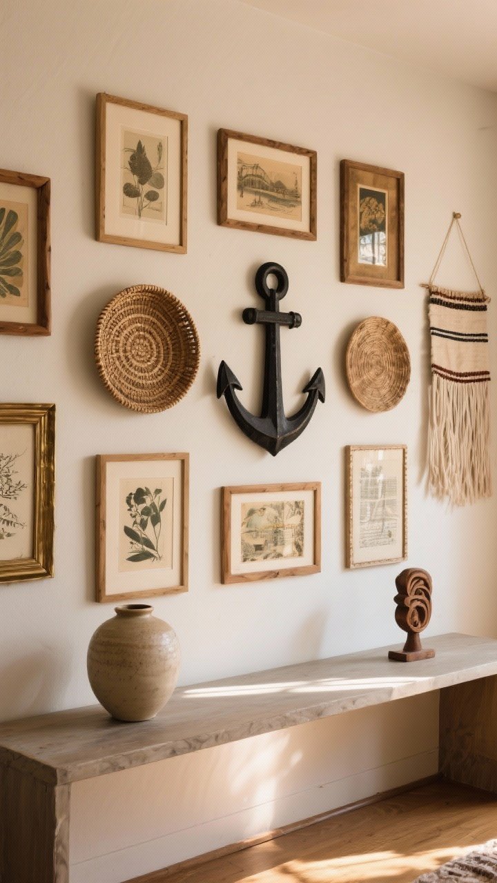 Straight-on shot of a curated boho gallery wall above a console: mix of framed vintage art in wood, brass, and black finishes; an oversized anchor piece centered, flanked by smaller frames; woven basket plates and a small textile hanging included for dimension; 2–3 inch consistent spacing; on the console, a ceramic vase and a carved wood object; warm, ambient lighting creating gentle shadows