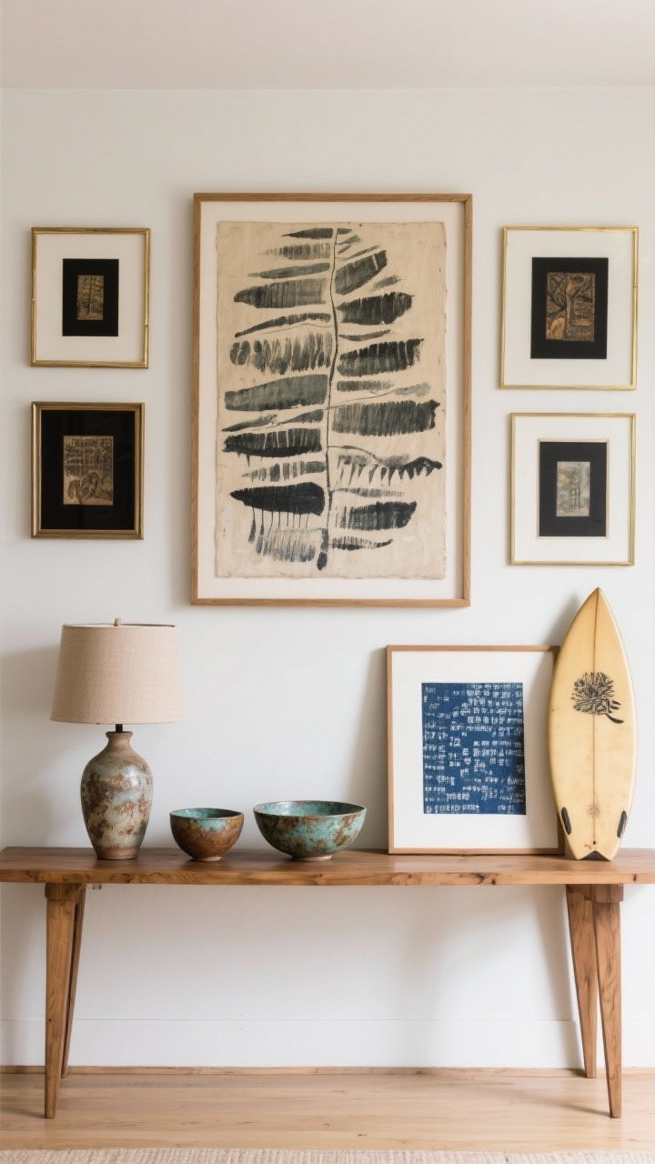 Straight-on view of a console wall styled with art and vintage finds: one oversized statement artwork centered above a console with simple natural wood frame, surrounded by smaller salon-style pieces in black and thin brass frames; ceramic lamp with character, patinaed bowls, vintage surfboard leaning casually, and framed indigo textile; laid-back gallery vibe, photorealistic, no people.