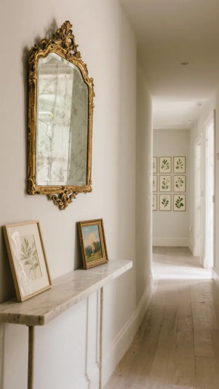 Straight-on wall composition: a vintage gilded mirror hung above a slim console, small oil painting beside it, a tidy grid of botanical prints down the hallway beyond; leaned art on a shelf below for layered effect; gentle natural light bouncing in, a hint of foxed glass on the mirror for aged charm.