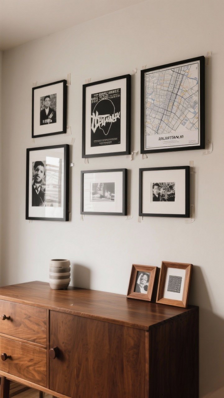 Straight-on wall shot: Curated gallery wall above a dresser. Mix of black-and-white photos, graphic prints, a band poster, and a city map in matching black frames with a couple of warm wood frames for contrast. Clean spacing as if planned with paper templates; Command strip tabs subtly visible. Neutral wall color and soft ambient lighting.