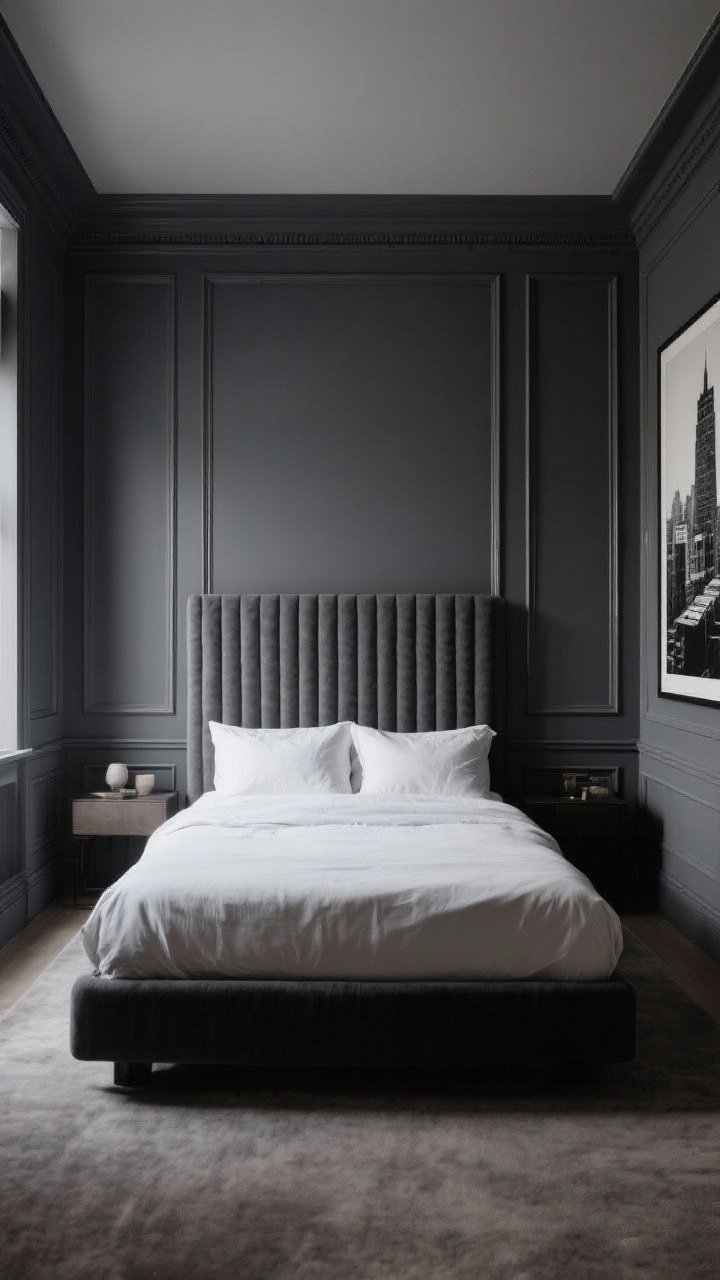 Straight-on wide shot: Architectural wall treatments behind the bed—a tone-on-tone fluted accent wall painted charcoal to precisely match the wall color; picture frame molding on adjacent walls for subtle dimension; a paneled feature wall reading custom and cinematic; optional large-scale black-and-white photography leaning for a “curated penthouse” vibe; moody, controlled lighting to emphasize depth and texture.