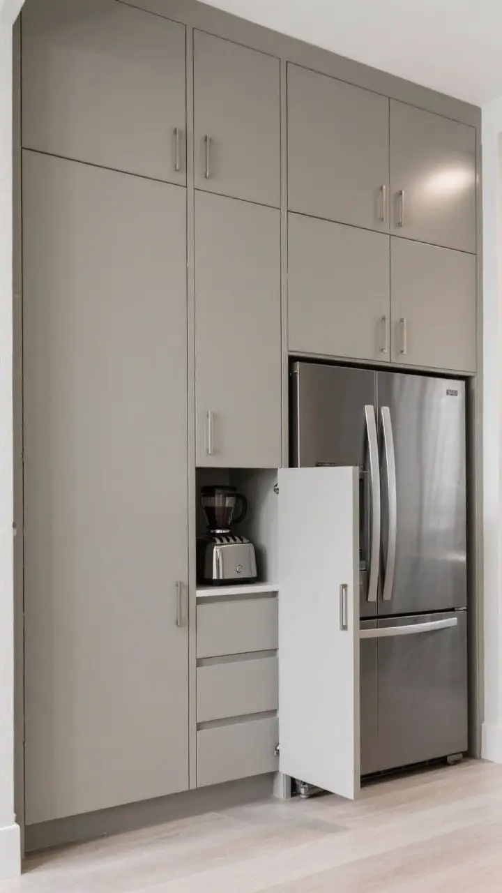 Straight-on wide shot of a hidden pantry wall: tall, flat-front matte lacquer cabinet doors running to the ceiling with integrated pulls or push latches; a panel-ready beverage fridge blending in; center section with pocket doors slid back to reveal a coffee/toaster nook. Seamless, modern, camouflaged appliances, soft even lighting.