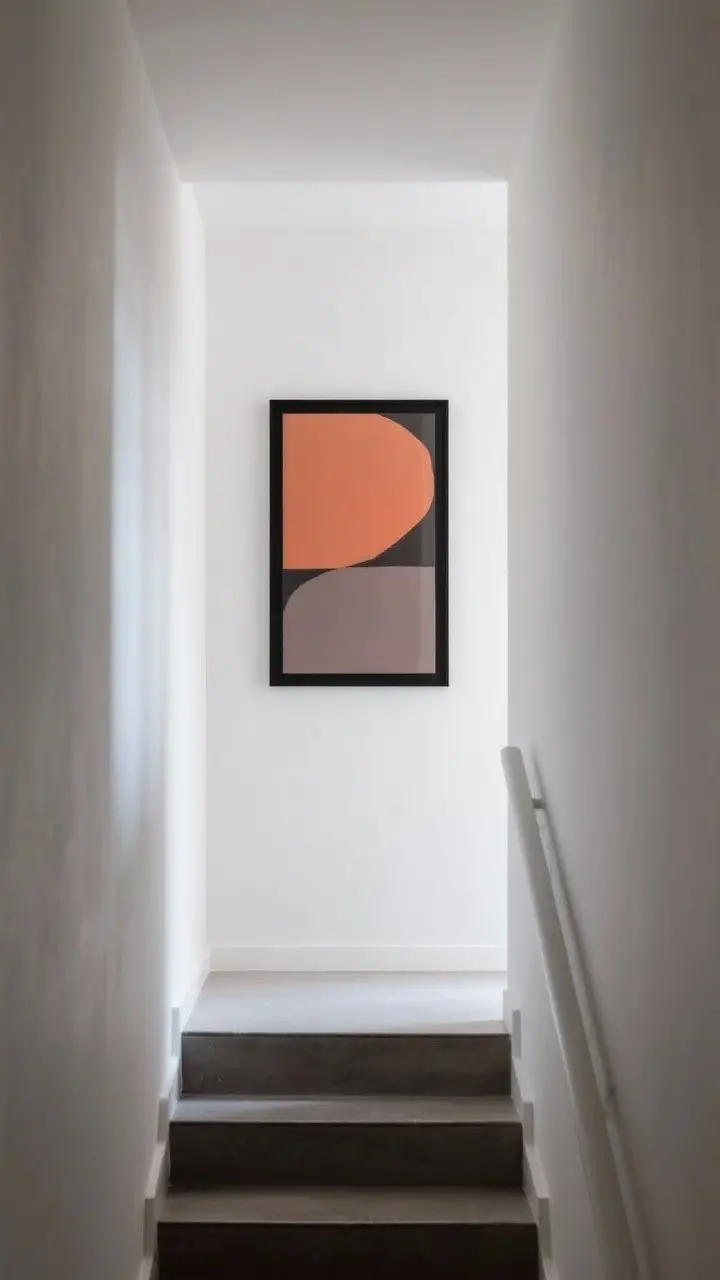 Tall vertical shot of a stair landing with a large-scale artwork centered at landing eye level: bold yet simple abstract in muted terracotta and slate tones, framed with matte black edge and non-glare acrylic. Clean white walls, minimal surrounding decor, indirect daylight to prevent reflections, dramatic focus on the single oversized piece.