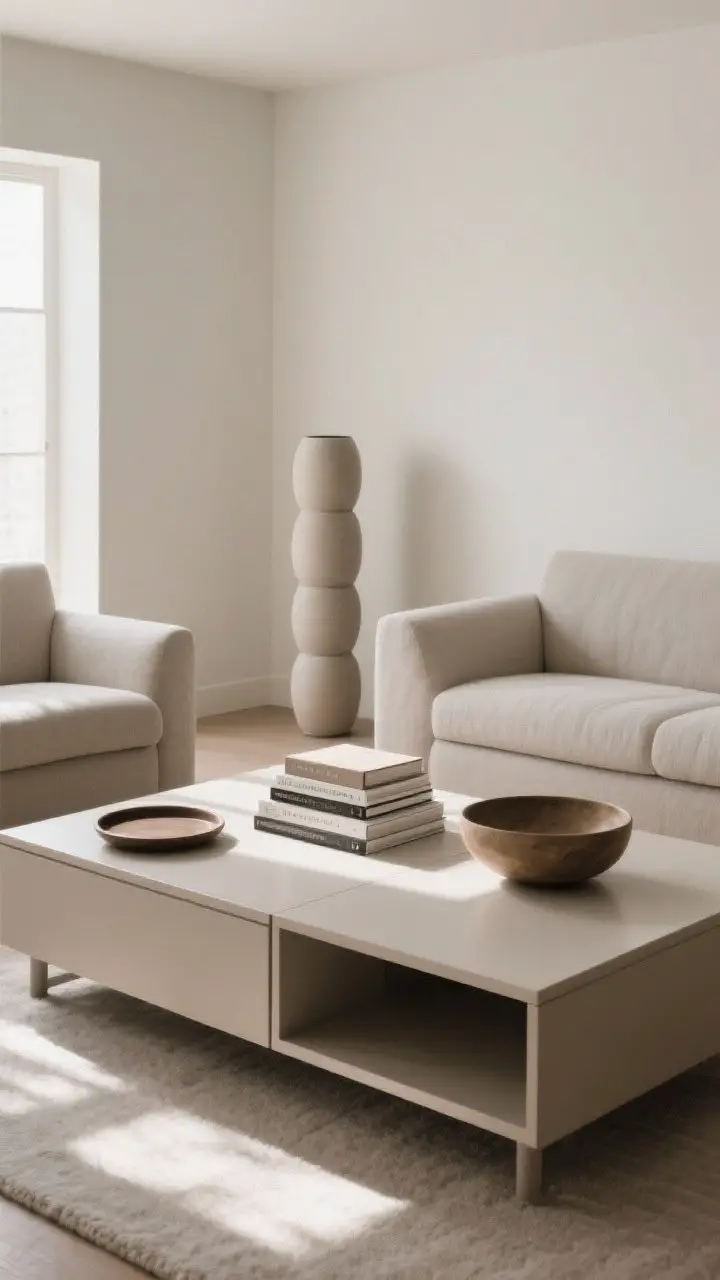 Three-quarters angle wide shot of a rectangular coffee table divided into left, center, right zones: a round tray on the left, a square book stack in the center, and an oval bowl on the right; balanced shape play; cylindrical vase adds linear contrast; calm neutral room with rhythm, not chaos; mid-morning natural light.
