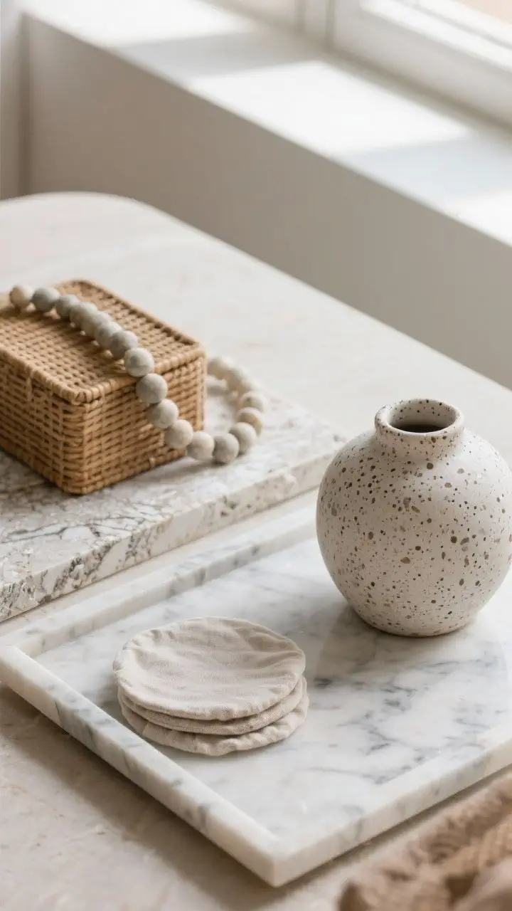 Tight detail closeup of layered textures: marble tray, speckled ceramic vase, linen coasters, and a rattan box; include a stone bead garland draped casually; controlled color palette of soft whites, warm tan, and muted gray; directional window light to reveal matte vs. shiny surfaces; shot low and close to emphasize tactile contrast.