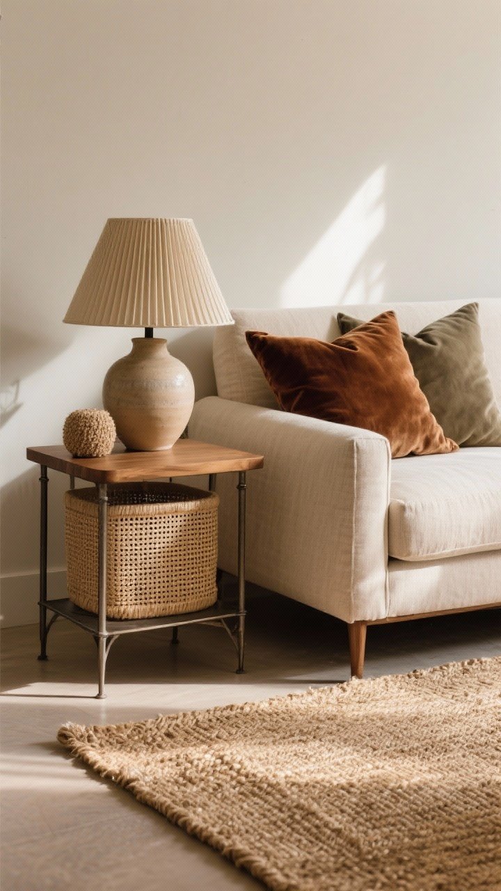 Tight detail shot focusing on texture mix: natural fiber jute rug underfoot, rich velvet cushions in muted tones on a linen-upholstered sofa, ceramic lamp base with a pleated shade on a wood-and-metal side table; hints of cane or bouclé in a small accent object; warm, directional light raking across surfaces to reveal weave and grain.