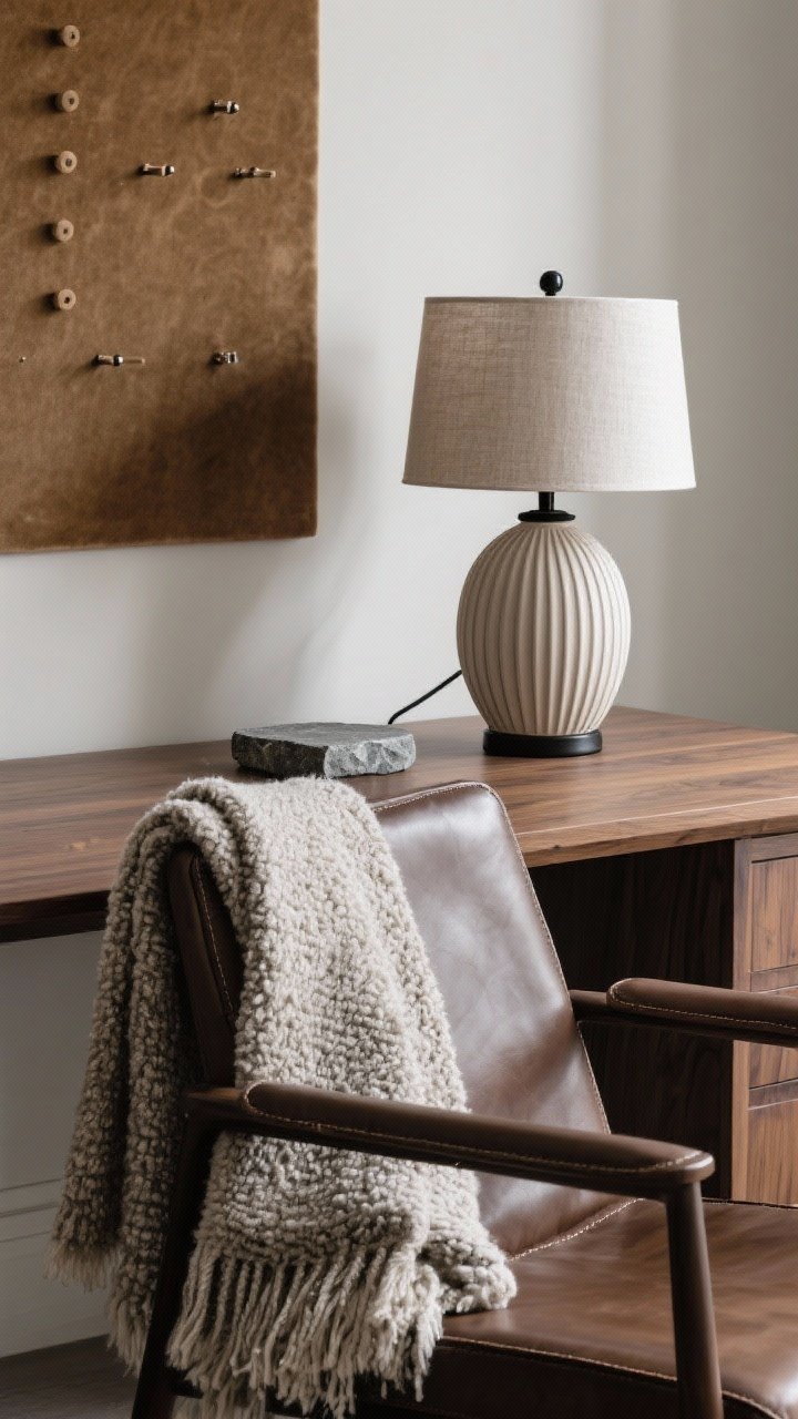 Tight detail shot of layered textures: closeup of a leather (or faux leather) desk chair back with a wool/bouclé throw draped over it; on the desk, a ribbed ceramic lamp with a linen shade, matte black hardware, a visible wood grain desktop, a stone coaster, and a velvet pinboard in the background; mixed matte and soft lusters creating tactile depth.