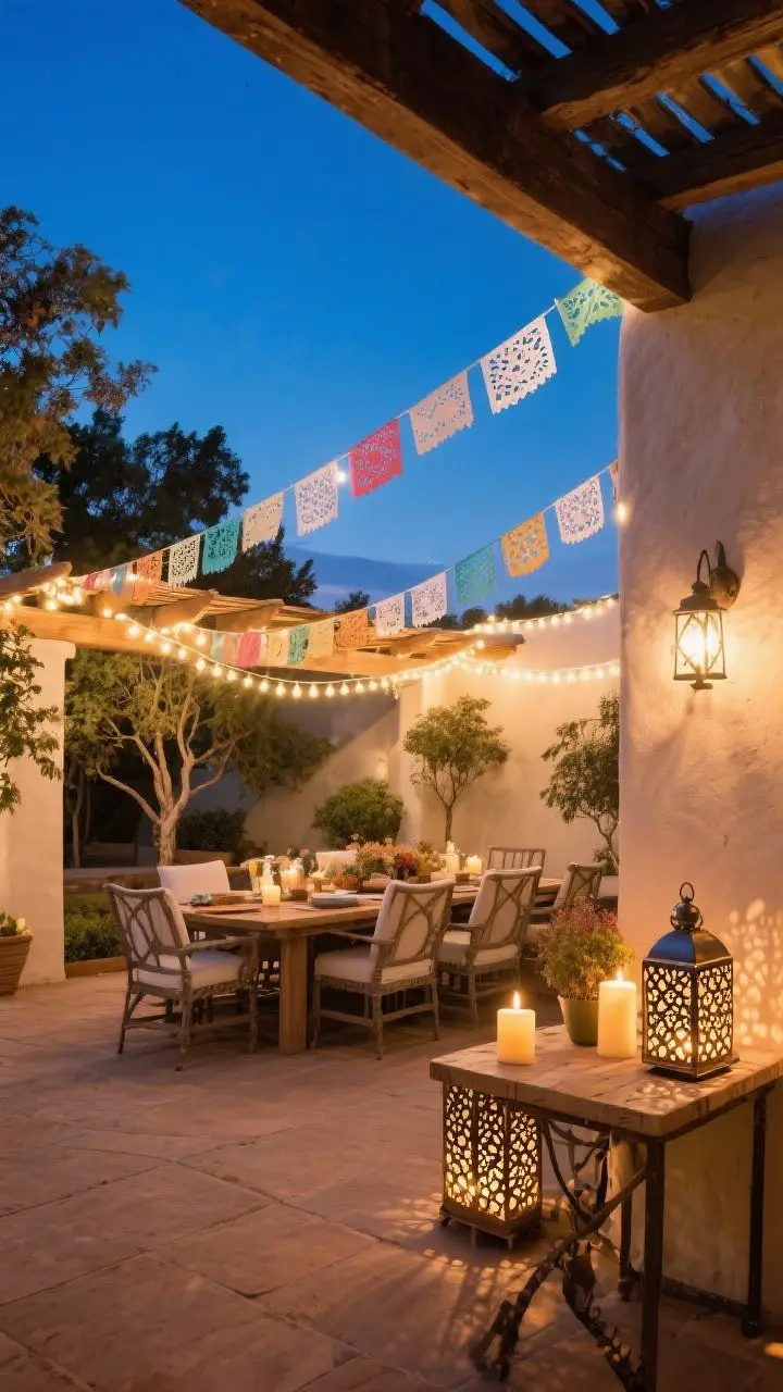 Twilight patio wide shot glowing with layered fiesta lighting: papel picado banners strung across a dining area, warm white string lights outlining a pergola and nearby trees (no cool tones), punched-tin lanterns on side tables projecting patterned light on stucco walls, and a few candles; festive but soft ambiance; outdoor-rated fixtures; deep blue dusk sky; no people.