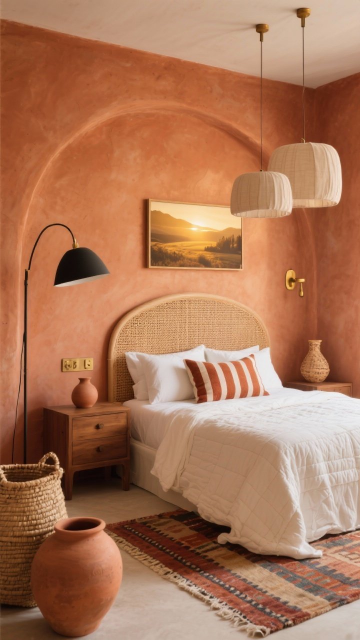 Warm terracotta bedroom, medium-wide view; sun-baked terracotta walls; natural cane headboard; walnut nightstands; ivory quilt with rust throw pillow; striped kilim rug; clay vases and woven baskets as decor; arched matte black floor lamp and linen drum shade pendants; burnished brass hardware; warm neutrals landscape print; cozy golden-hour lighting; photorealistic.