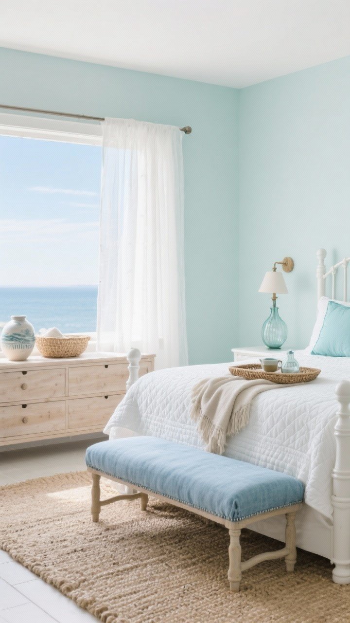 Wide airy bedroom painted pale aqua like a clear morning sky; white spindle bed; light natural wood dresser; bench upholstered in soft blue chambray; white quilted coverlet, pale aqua euro shams, sand-colored linen throw; glass vessel lamps; coastal pottery and woven tray for bedtime tea; sheer white curtains letting light dance; neutral sisal rug; fresh, tranquil mood; photorealistic.
