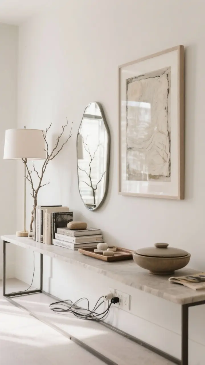Wide, airy final look of an edited console: varied heights (tall lamp or branches, medium books/art, small tray items), mixed textures (matte, shiny, soft), a single focal point—either a mirror or one large art piece—not competing; cables hidden, everyday clutter contained in a lidded bowl; negative space kept; soft natural light, photorealistic.