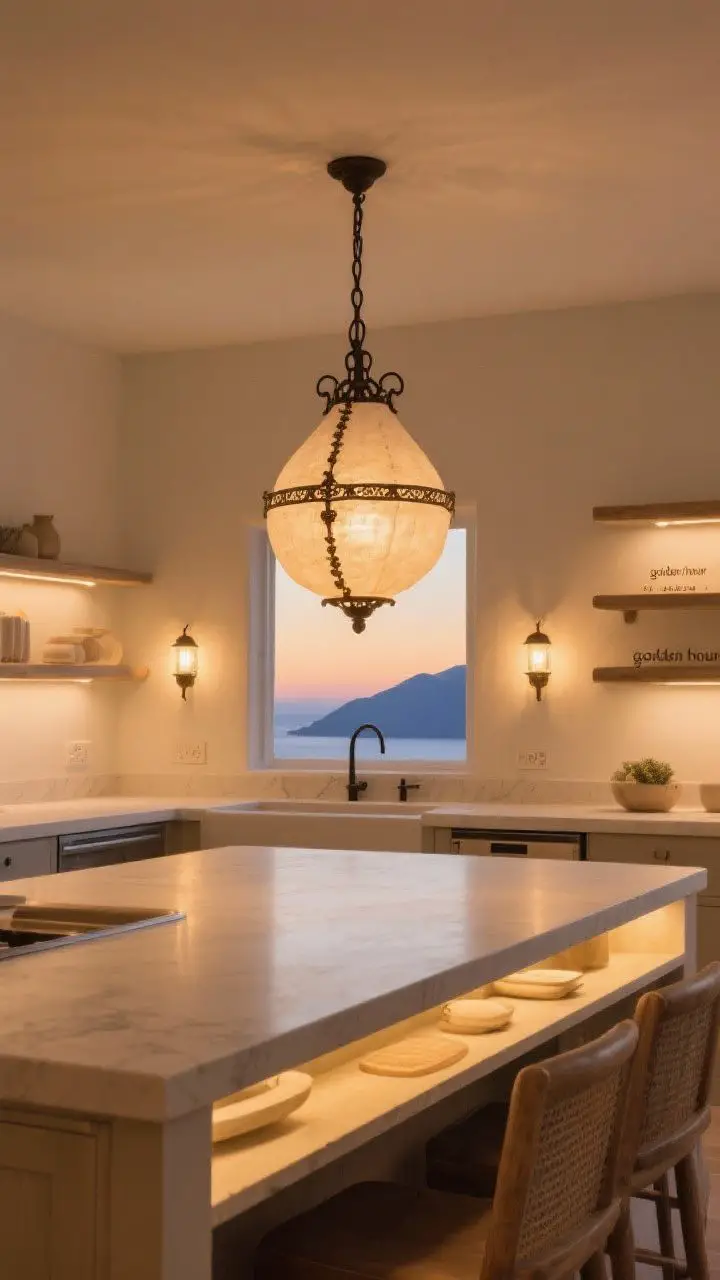 Wide ambient lighting scene at “golden hour”: plaster chandelier or wrought‑iron pendant centered over the island, warm 2700–3000K under‑cabinet task lighting subtly illuminating counters, and a pair of sconces flanking open shelves; dim, layered glow with dimmers engaged; no blue tones, soft Santorini‑sunset mood.