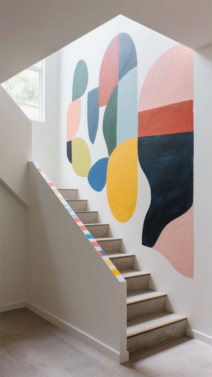 Wide angle from the base of the stairs: A hand-painted mural of abstract, color-blocked shapes stepping with the stair angle; subtle gradient deepening in tone as it rises; crisp tape-defined edges; modern, bold yet refined palette harmonizing with the space; no additional art—just the mural—illuminated by even daylight for a clean, custom statement.