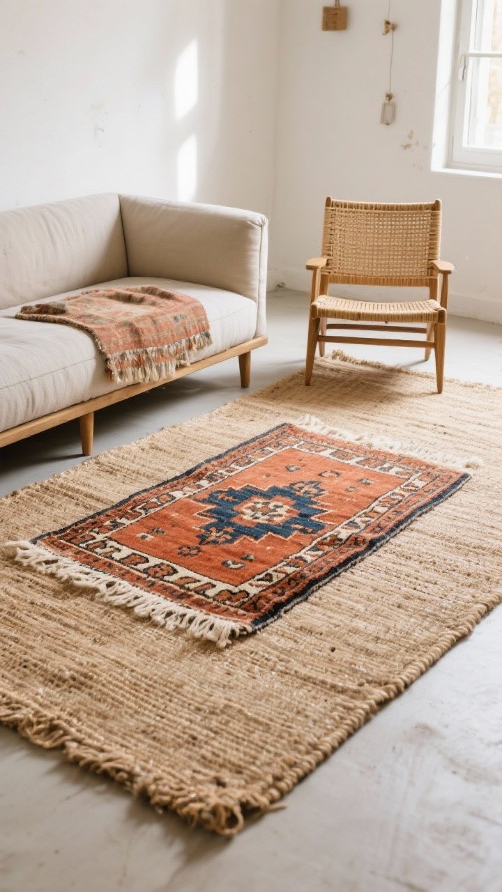 Wide-angle living room shot showing layered rugs: a large natural jute rug as the base with a smaller vintage-style kilim in warm terracotta, indigo, and cream centered on top; the top rug anchors the front legs of a low-profile sofa and rattan chair; a subtle offset angle to the kilim for casual vibe; bright, even daylight from a nearby window; a few scuffs and lived-in texture for practical, cozy depth