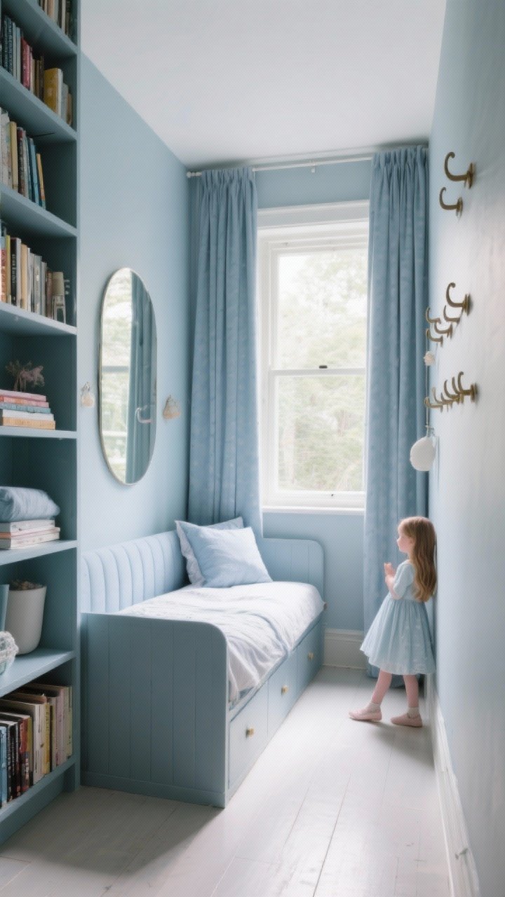 Wide-angle small room wizardry: a compact girls’ bedroom with a chic daybed against one wall to open walking space, tall bookcases and wall hooks maximizing vertical storage, a large mirror opposite a window bouncing natural light, and a one-color scheme—walls, curtains, and bedding in soft dusty blue—creating airy continuity; clutter minimal, floors clear; bright daylight.