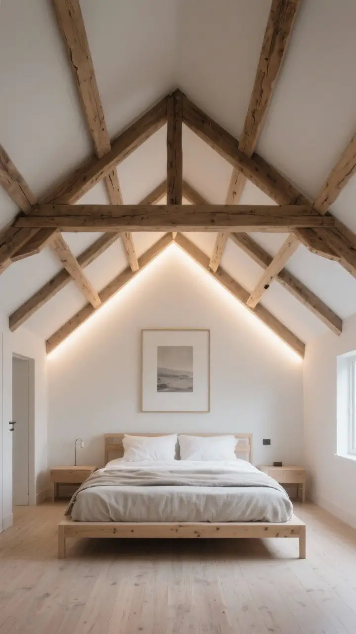 Wide architectural shot from low angle: Attic bedroom celebrating structure with exposed beams and rafters; beams stained a slightly darker neutral than the ceiling for subtle definition; LED uplights washing the ridge beam to create a soft overhead glow; centered art at the gable peak above a simple bed; overall serene Scandinavian tone with pale woods and calm textiles, photorealistic.