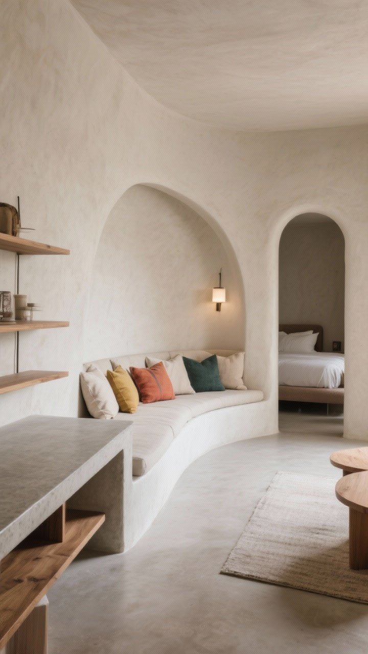 Wide architectural shot of a serene living space with plaster, concrete, and built-ins: microcement floor, curved built-in bench seating with linen cushions and colorful pillows, microcement countertop with wood shelving, and a curved plaster headboard wall wrapping a niche and sconce in an adjacent sleeping nook; calm, boutique-hotel mood with soft diffuse light.