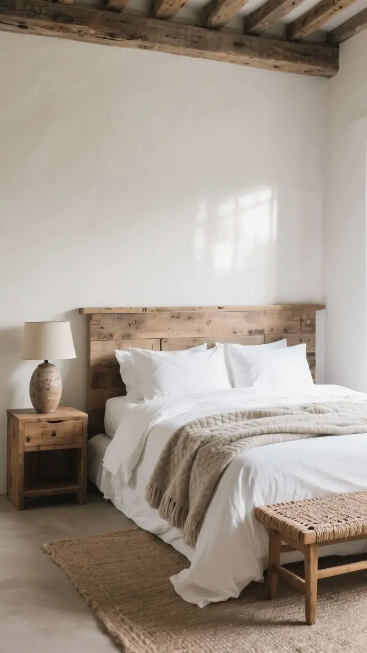 Wide bedroom shot: A rustic bedroom layered for comfort—crisp white cotton sheets, a natural linen duvet, and a folded wool or quilted blanket at the foot; a reclaimed wood headboard with clean lines; wood nightstand topped with a ceramic lamp; a woven bench at the foot of the bed; tranquil morning light, restrained palette and rich textures.