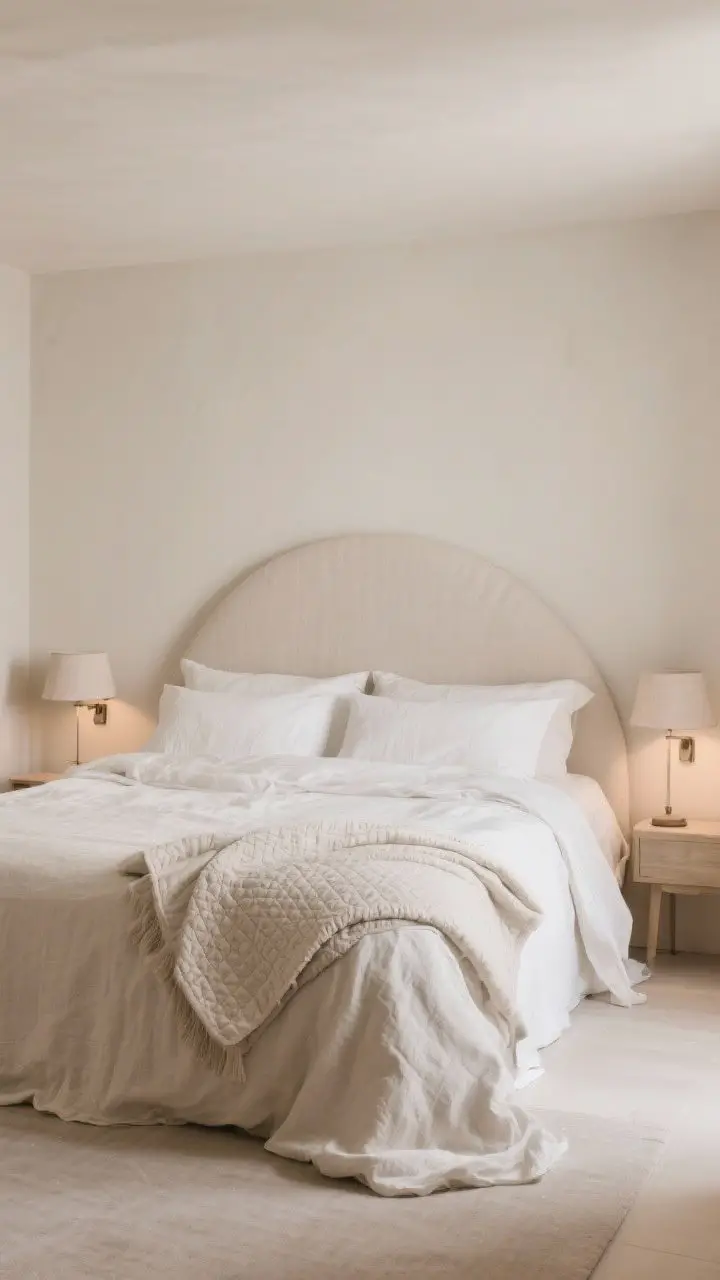 Wide bedroom view with quiet romance: pale linen palette, a rounded linen-covered headboard, bed layered with washed linen sheets, a light matelassé coverlet and a folded quilt at the foot; petite bedside lamps with linen shades or wall sconces casting soft, whispery light; slightly rumpled, inviting bedding, airy and serene.
