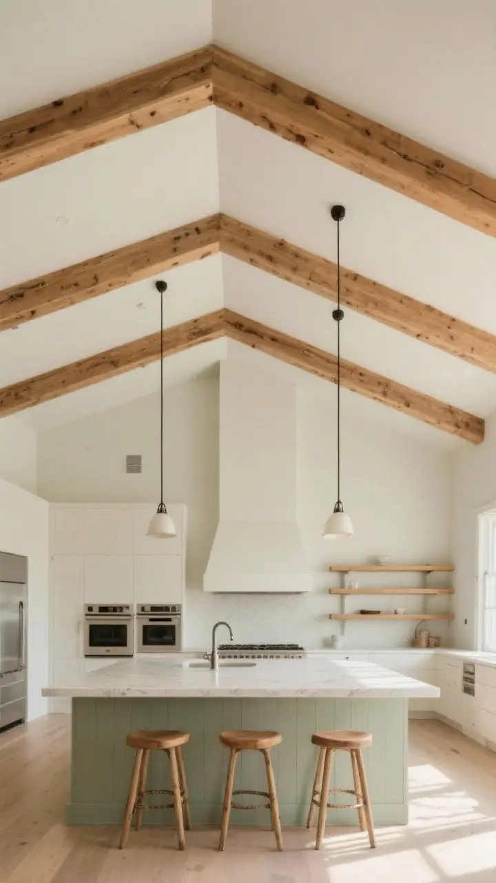 Wide ceiling-to-island view showcasing exposed beams: natural stained wood beams aligned with kitchen traffic paths, paired with understated pendant lights to keep the ceiling light; beam wood tone echoed in bar stools and a short run of open shelves; limewashed walls, warm daylight; architectural, airy, spacious vibe.