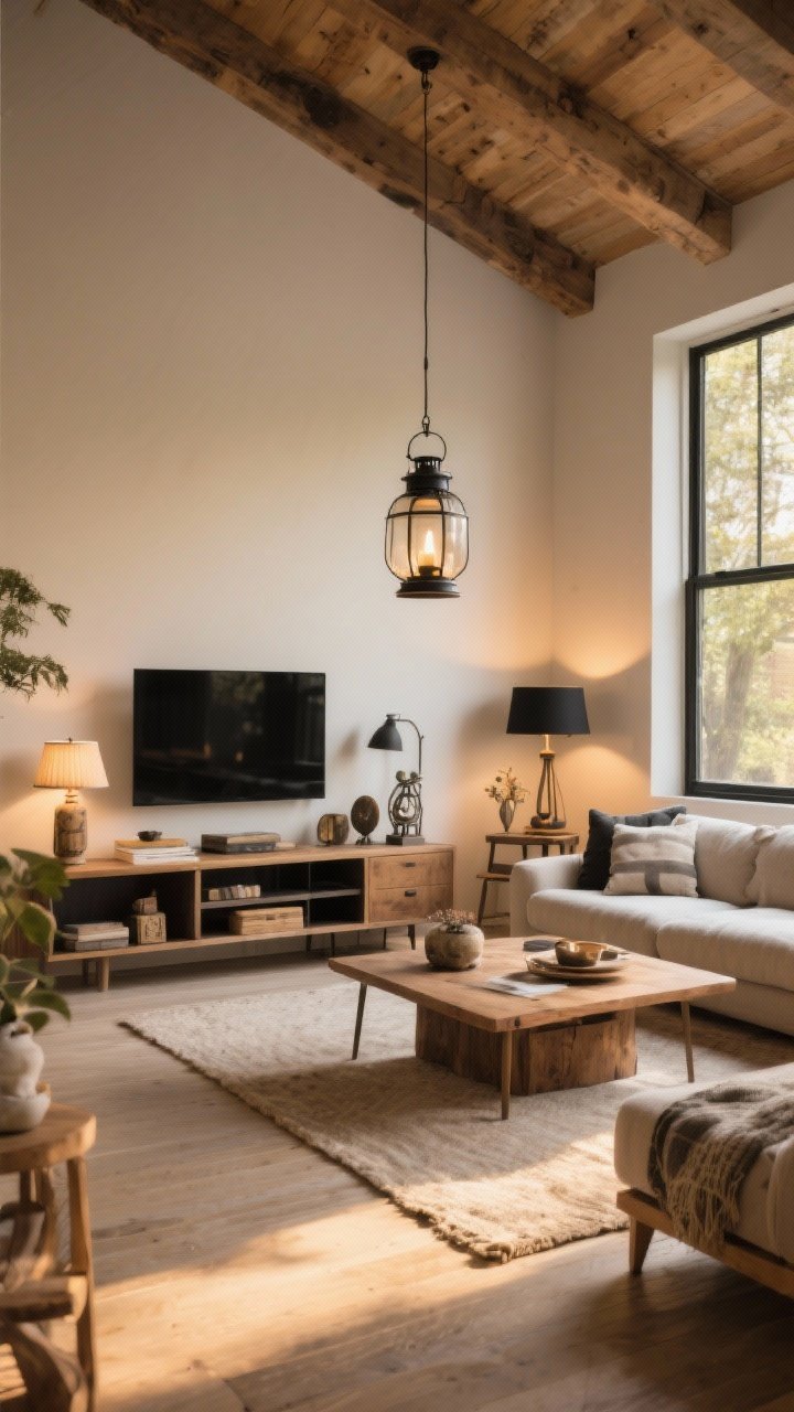 Wide, cohesive living space for the conclusion: neutral tones and natural textures throughout, warm woods, balanced black accents, curated vintage pieces, and great layered lighting (lantern pendant plus table lamps); cozy yet clean, rustic yet refined mood; golden-hour light washing the room; photorealistic, corner perspective.