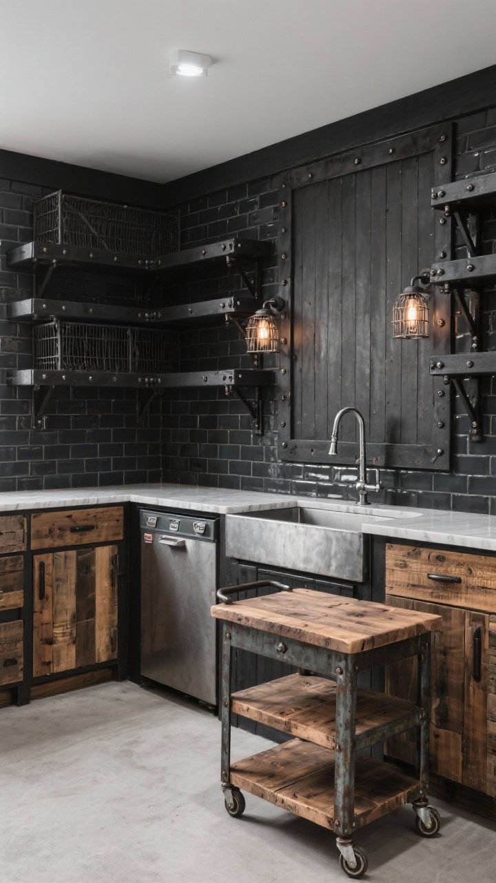 Wide corner angle of a rustic-industrial workhorse pantry: blackened steel shelves with bolt details, reclaimed oak base cabinets, concrete-look quartz counters; charcoal matte subway tile with dark grout on the backsplash; caged sconces over the work surface; a panel-matched kegerator door; a galvanized trough sink with a commercial-style sprayer; vintage butcher block cart on casters; rugged textures under balanced, utilitarian lighting.