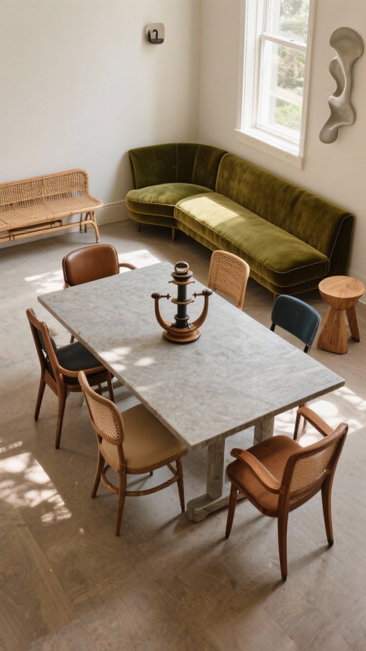 Wide corner angle: Unexpected seating paired with standard chairs—place a velvet settee on one side of the table, with contrasting side chairs elsewhere; optionally include a rattan bench at the wall and a sculptural spare stool tucked in a corner. Two upholstered captain’s chairs at the heads add gravitas. Warm afternoon light, performance-fabric texture visible on the settee. Layout feels collected over time.