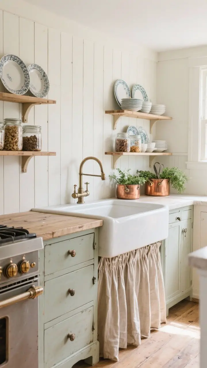 Wide country kitchen with soul: beadboard backdrop, open shelving with everyday plates and jars of dried goods, a farm sink with a pretty bridge faucet, freestanding vintage island used as prep space; lower cabinets replaced by café skirt curtains in soft linen; copper pots and herbs within reach; practical, tactile atmosphere in bright natural light.