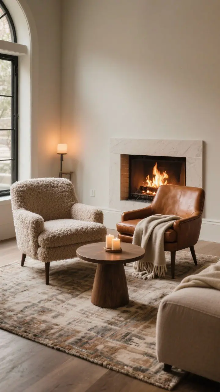 Wide, cozy seating vignette angled toward the fireplace: two club chairs (one in bouclé for texture, one in warm leather) slightly angled to the hearth, a round side table between them, a throw blanket draped invitingly. A rug that extends under the front legs anchors the arrangement. Fire lit or candle glow, warm ambient light. Shot from a corner angle to show flow around the round table and the hearth as destination.