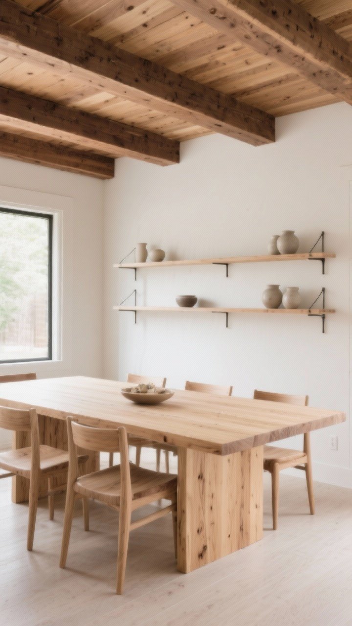 Wide dining area showcasing wood as the star: a statement light oak dining table with clean lines and visible natural grain, whitewashed open shelving with simple brackets holding minimal ceramics, and refined walnut faux ceiling beams; one wood tone dominates with complementary mixed tones; soft daylight; photorealistic, corner angle.