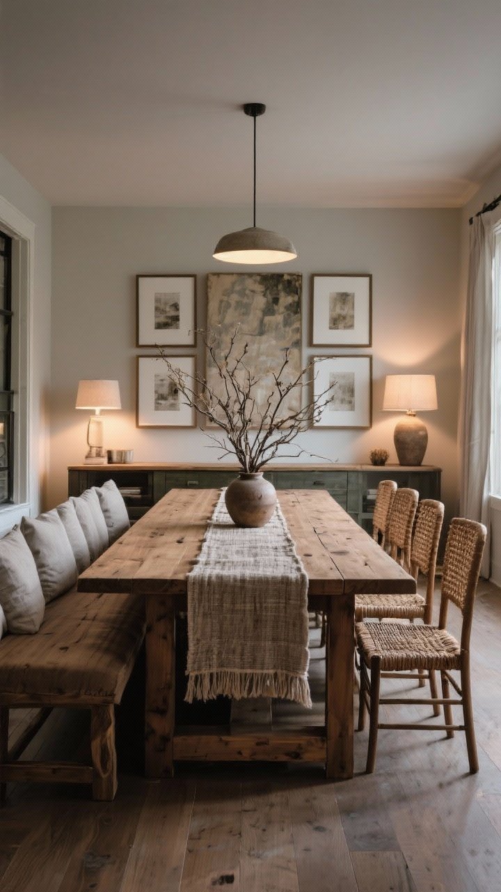 Wide dining room tableau: solid wood farmhouse table, mixed seating with a backless bench on one side and woven-seat chairs on the other, a textured runner with a low vase of foraged branches, and oversized art with unified frames; evening ambient light with soft shadows; photorealistic, straight-on.