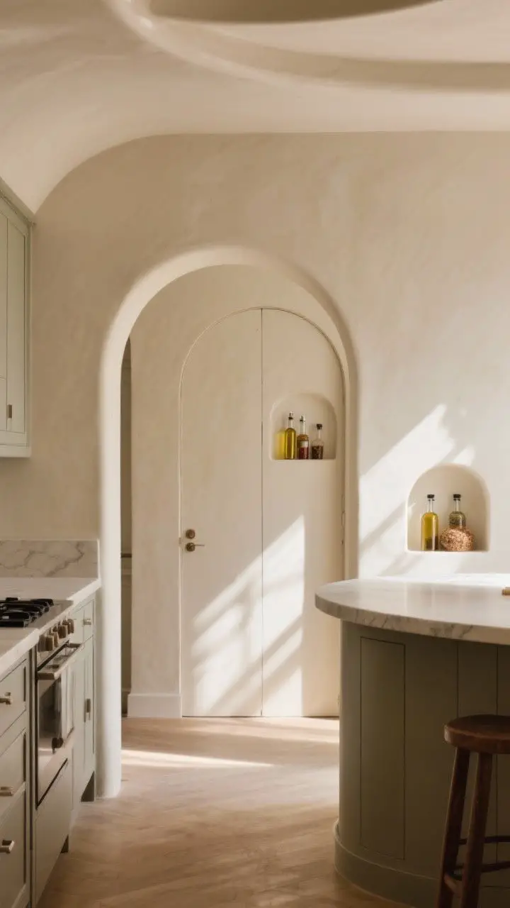Wide doorway perspective highlighting curves: arched pantry entrance framing the kitchen, rounded island corners, and a small plaster niche holding oils and spices; soft curves throughout, avoiding boxy lines; warm daylight raking across curved drywall for gentle shadows; handcrafted, subtle transformation feel.