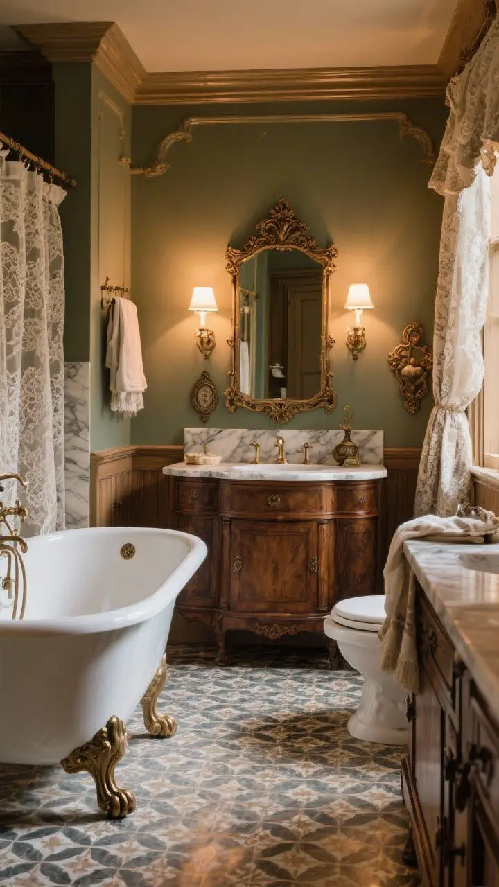 Wide, editorial-style shot summarizing the Victorian bathroom look: a hero clawfoot tub or patterned floor anchors the space, layered with millwork, rich color, and warm lighting; furniture-style vanity with marble top, ornate mirror with sconces, and curated antique accessories complete the room; textures of lace, linens, and marble interplay; the mood is luxe, romantic, and functional, with no people, natural and sconce lighting blended for drama.