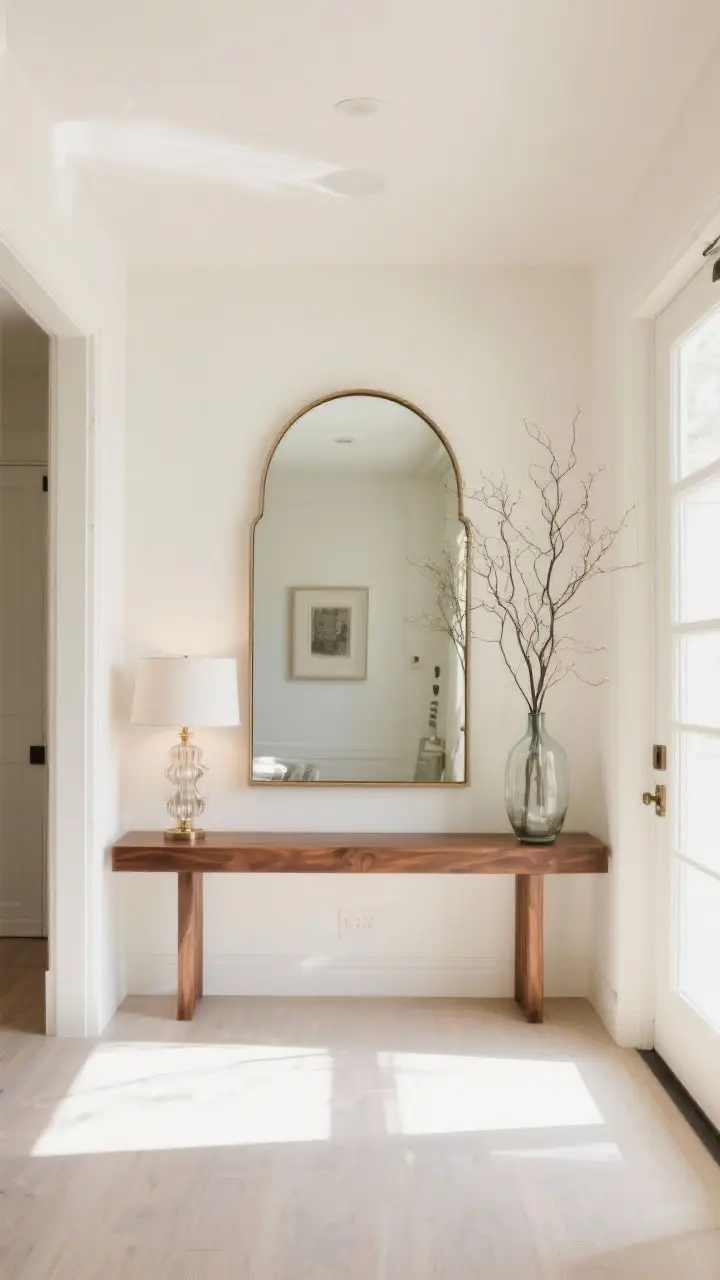 Wide entryway shot with a long console and an oversized mirror above for drama: choose a large arched mirror hung with its center 58 inches from the floor and 8 inches above the console; a statement lamp on one side and tall airy branches in a glass vase on the other to bounce light; clean lines, soft natural daylight, reflective glow; walls in warm white, console in walnut, no people.