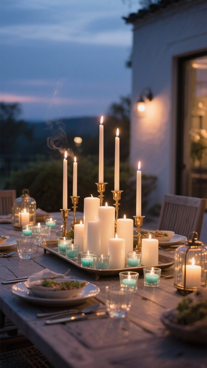 Wide evening shot of candlelight layering: tall unscented dripless taper candles in vintage brass holders, chunky white pillar candles grouped on a tray at center, and scattered clear-glass tealights for flicker; optional hurricanes protecting flames at the table ends for a breezy patio setting; warm, moody glow without smoke or soot, no competing scents with food.