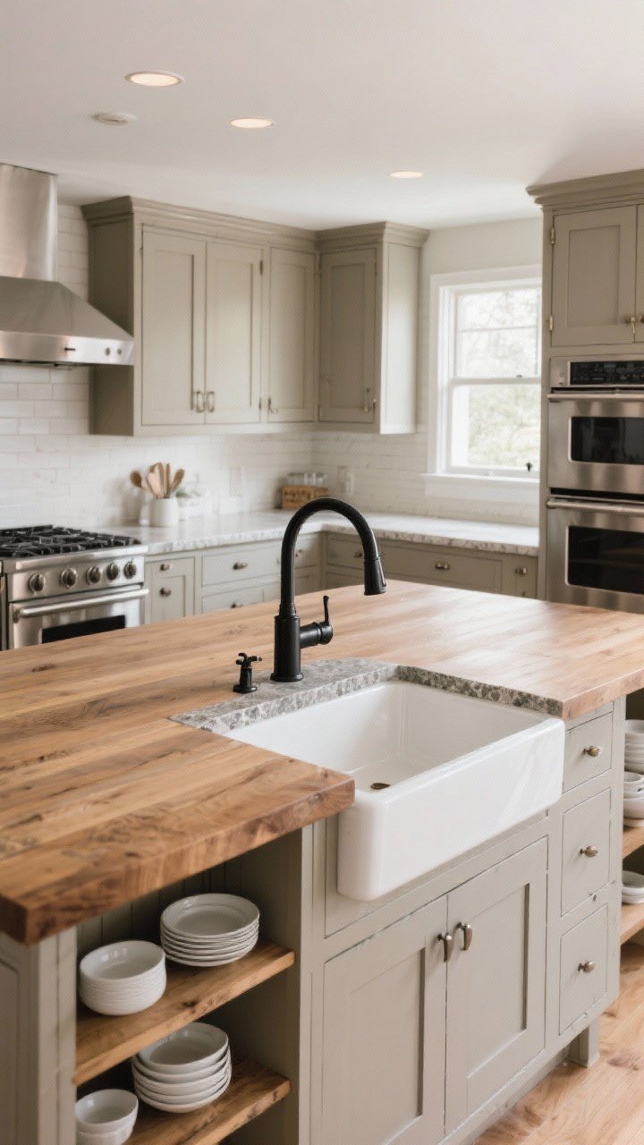 Wide farmhouse kitchen with modern function: Shaker cabinets in warm greige, a warm wood island, apron-front sink, bridge faucet in matte black, uncluttered soapstone or natural stone counters, and edited open shelves holding everyday white dishes; stainless modern appliances; bright, natural task lighting; photorealistic, corner angle.