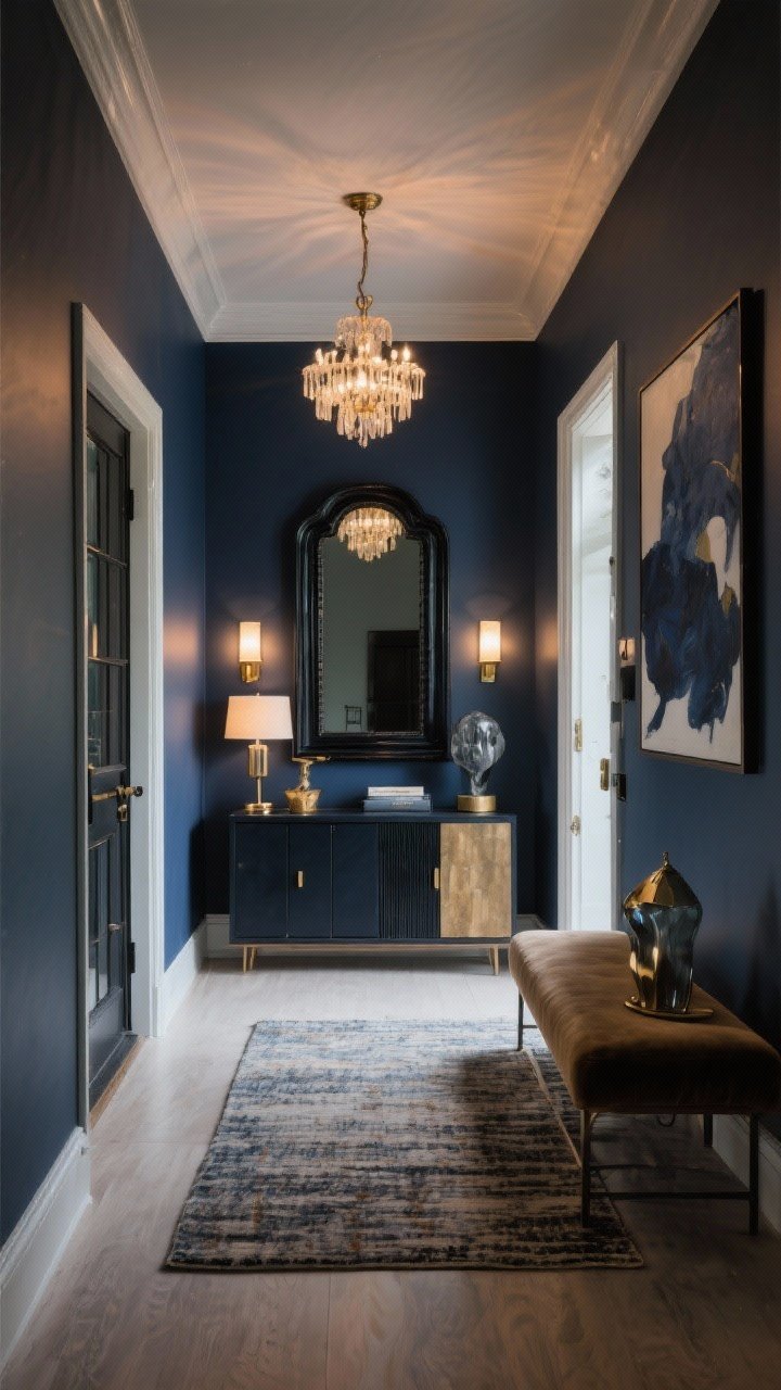 Wide, final styled entryway encapsulating the look: deep inky navy tone-on-tone walls, layered warm lighting (chandelier, sconces, console lamp on dimmers), statement ebonized console with mixed materials and tidy closed storage, oversized dark-framed mirror, textured rug runner, moody art focal point, plush bench seating, sculptural accessories, and restrained touches of antique brass and smoked glass for contrast. Photorealistic, atmospheric, no people.