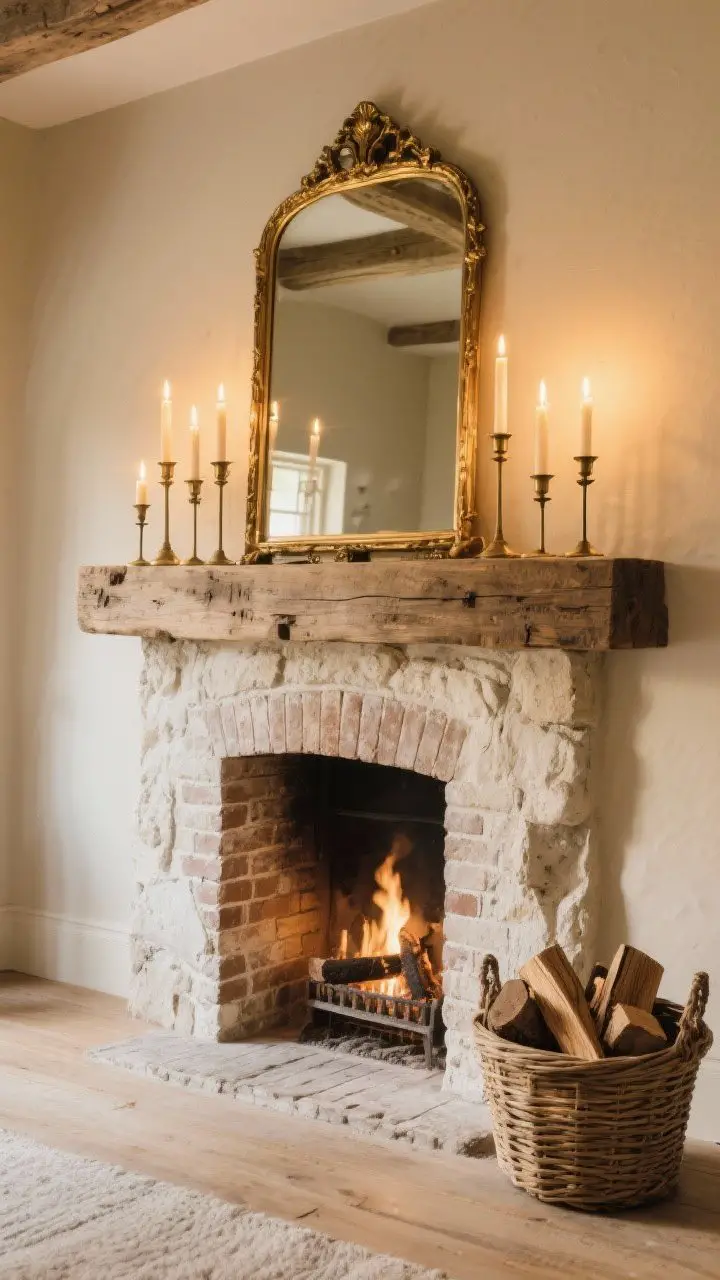 Wide fireplace focal point: rustic stone surround with a chunky reclaimed wood mantel, a gilt mirror above reflecting soft candlelight, grouping of tall candlesticks on the mantel; limewashed brick firebox with chalky texture, basket of real firewood to the side; golden evening light creating a warm, soulful hearth.