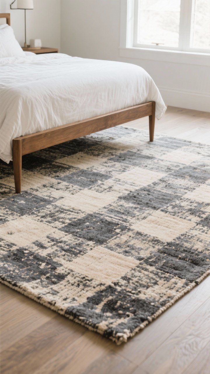 Wide floor-focused shot: Rug anchoring the bed area. An 8' x 10' low-pile, vintage/distressed patterned rug in muted charcoal and sand tones with the bed’s front legs on the rug. Shows easy-to-vacuum flatweave texture, checkerboard-inspired pattern nod for energy. Natural light and subtle sound-softening vibe.
